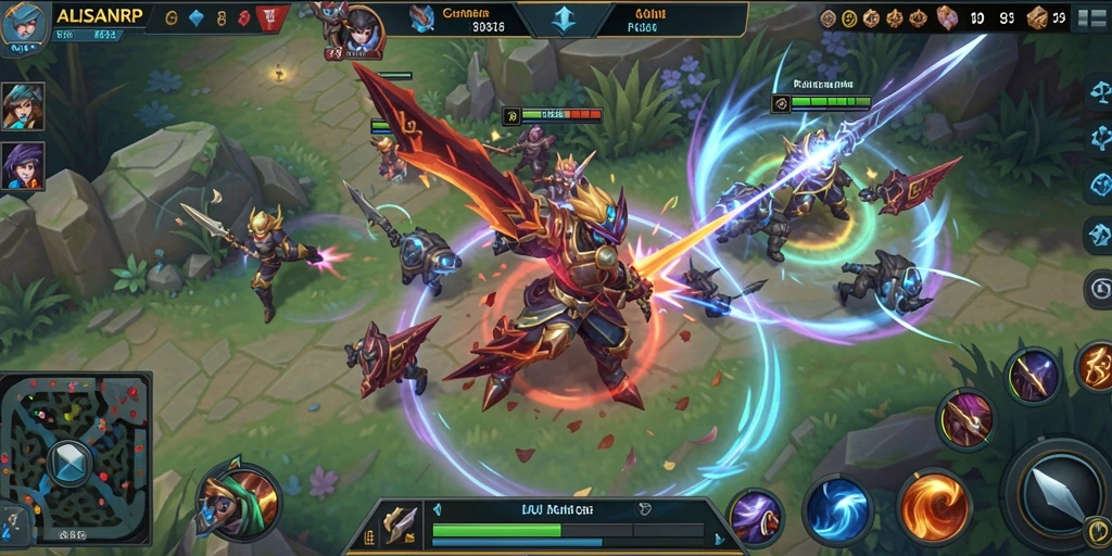 Screenshot gameplay seru ALISANRP dalam pertempuran MOBA.