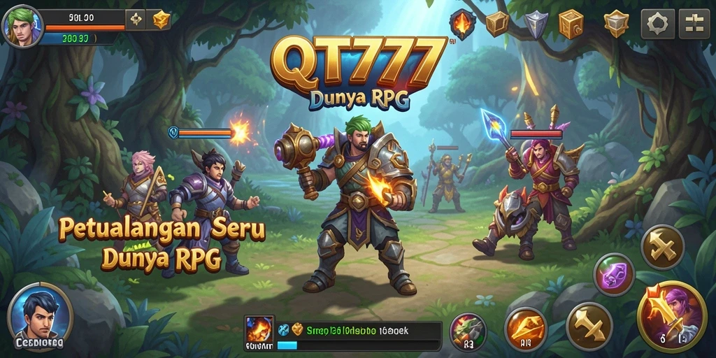 Screenshot utama QT777 menampilkan aksi pertarungan RPG yang intens.