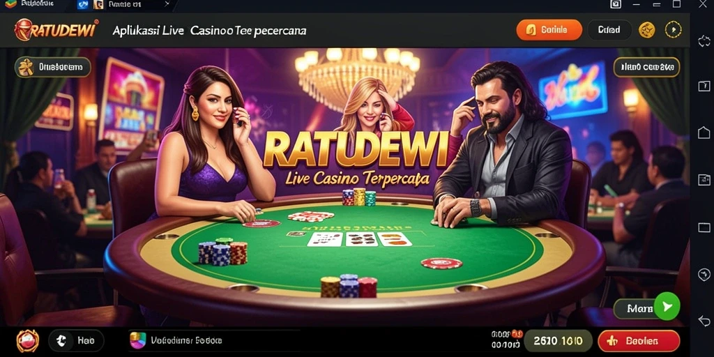 Screenshot gameplay RATUDEWI menampilkan dealer langsung dan suasana kasino yang nyata.