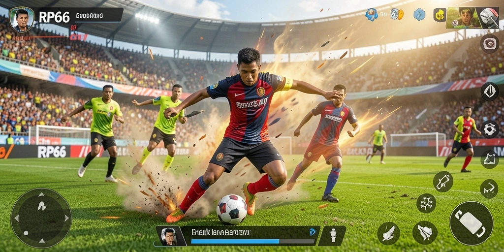 Tampilan gameplay seru dalam RP66 dengan aksi sepak bola mendebarkan.