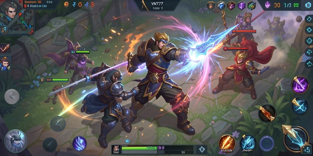 Screenshot VM777 menampilkan aksi seru dalam pertempuran tim MOBA.